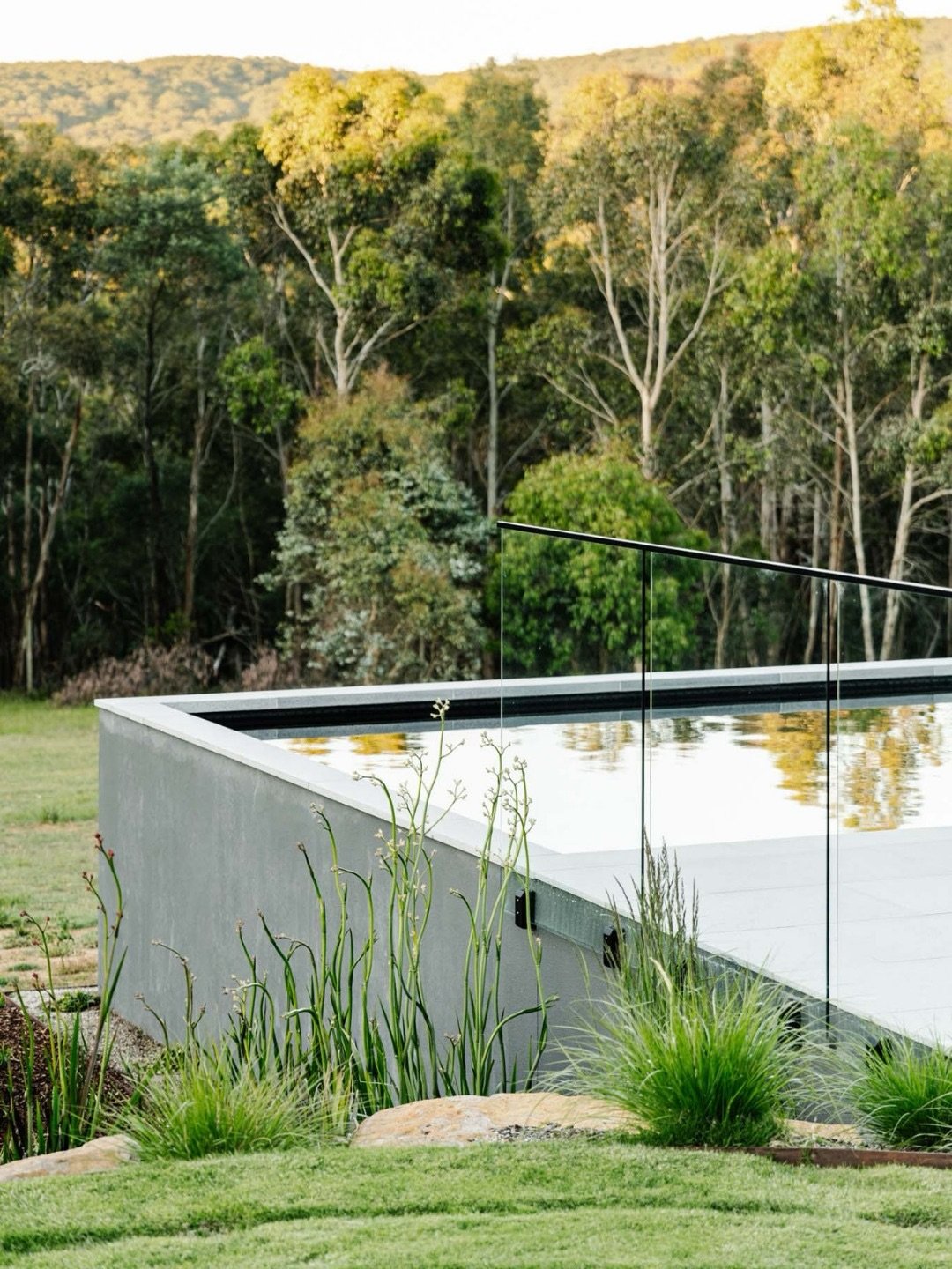 Set high above the treetops, this New Gisborne pool was designed to sit quietly within its landscape while making the most of the sweeping bushland views.

A refined concrete form, clear glass fencing and soft planting allow the setting to lead, with