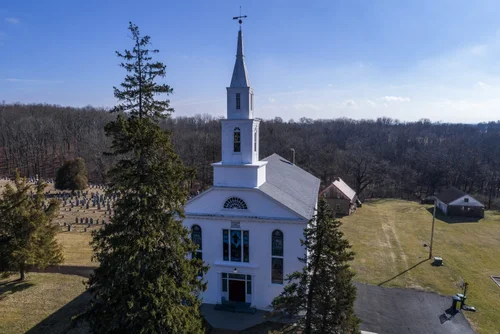 Old Goshenhoppen Reformed Church from the air (view 25)