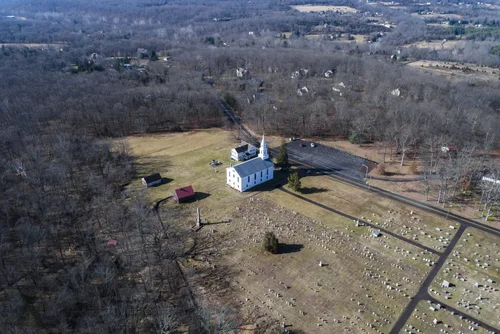 Old Goshenhoppen Reformed Church from the air (view 3)