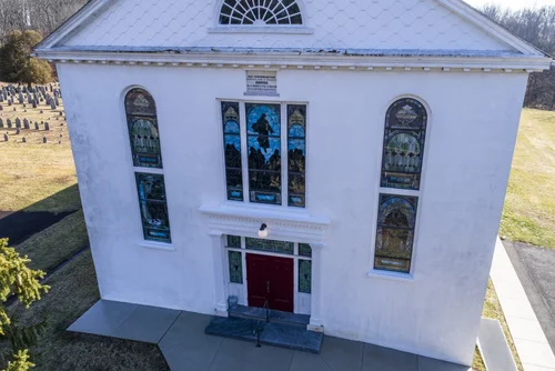 Old Goshenhoppen Reformed Church from the air (view 26)