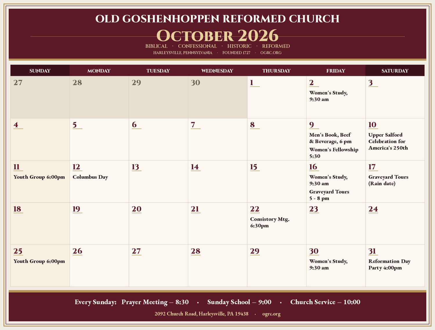 October 2026 calendar for Old Goshenhoppen Reformed Church