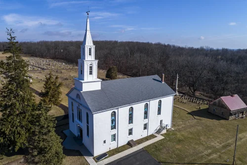 Old Goshenhoppen Reformed Church from the air (view 17)