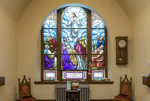 A stained glass window in the sanctuary
