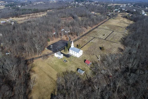 Old Goshenhoppen Reformed Church from the air (view 2)