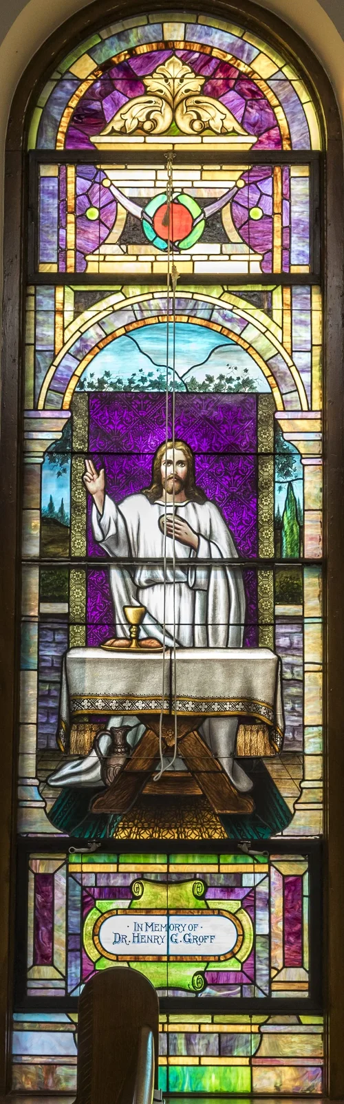 A stained glass window in the sanctuary