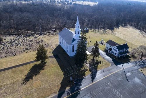 Old Goshenhoppen Reformed Church from the air (view 10)