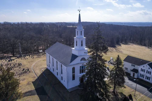 Old Goshenhoppen Reformed Church from the air (view 15)