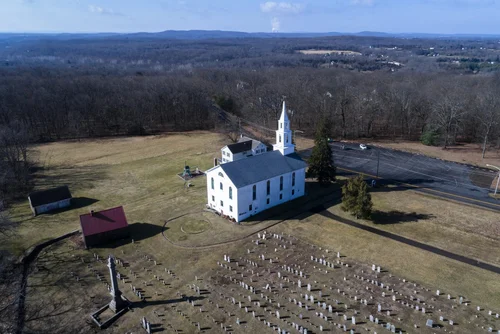 Old Goshenhoppen Reformed Church from the air (view 14)