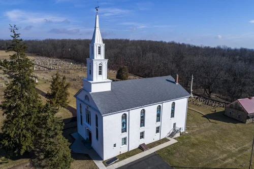 Old Goshenhoppen Reformed Church from the air (view 16)