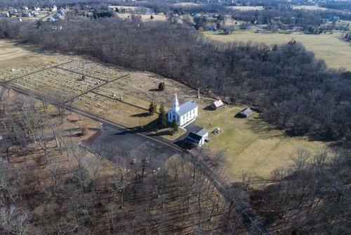 Old Goshenhoppen Reformed Church from the air (view 1)