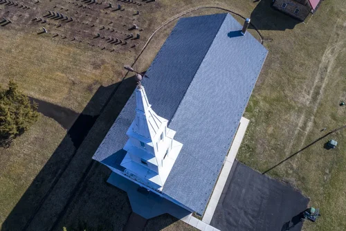 Old Goshenhoppen Reformed Church from the air (view 19)