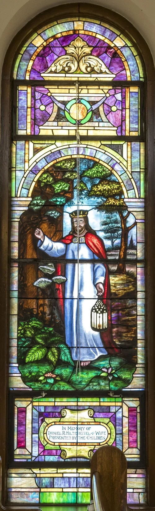 A stained glass window in the sanctuary