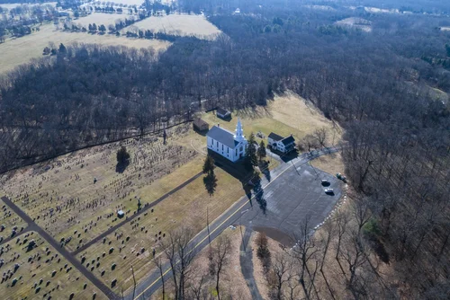 Old Goshenhoppen Reformed Church from the air (view 4)