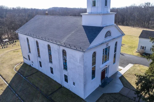 Old Goshenhoppen Reformed Church from the air (view 24)