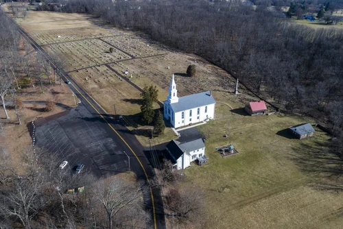 Old Goshenhoppen Reformed Church from the air (view 7)