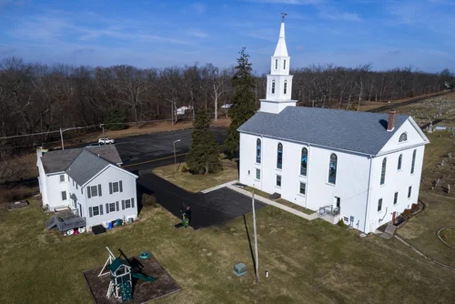 Old Goshenhoppen Reformed Church from the air (view 21)