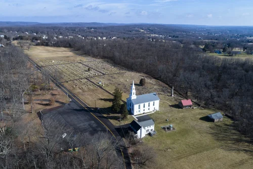 Old Goshenhoppen Reformed Church from the air (view 6)