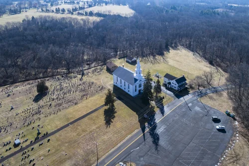 Old Goshenhoppen Reformed Church from the air (view 5)