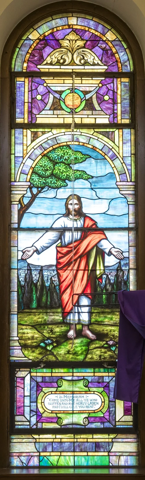 A stained glass window in the sanctuary