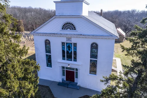 Old Goshenhoppen Reformed Church from the air (view 27)