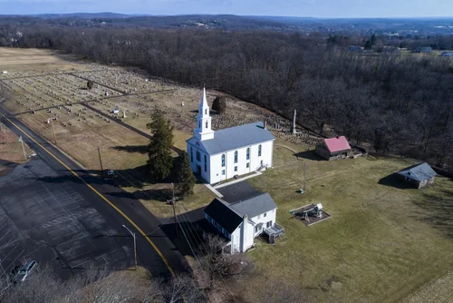 Old Goshenhoppen Reformed Church from the air (view 12)