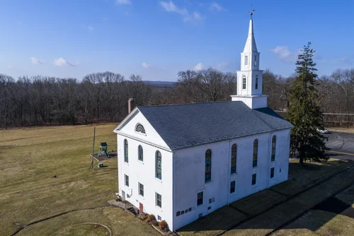 Old Goshenhoppen Reformed Church from the air (view 23)