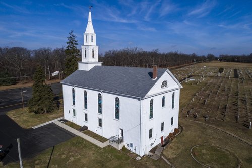 Old Goshenhoppen Reformed Church from the air (view 22)