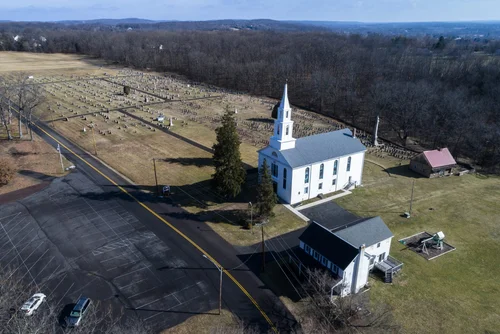 Old Goshenhoppen Reformed Church from the air (view 11)