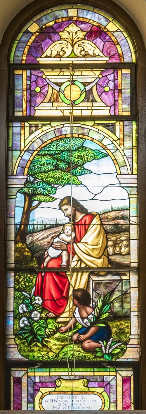 A stained glass window in the sanctuary