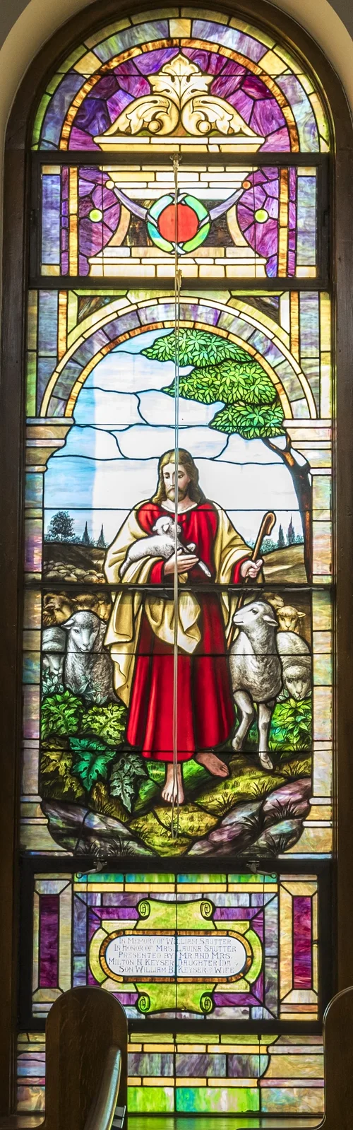 A stained glass window in the sanctuary