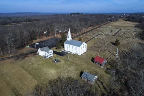 Old Goshenhoppen Reformed Church from the air (view 13)