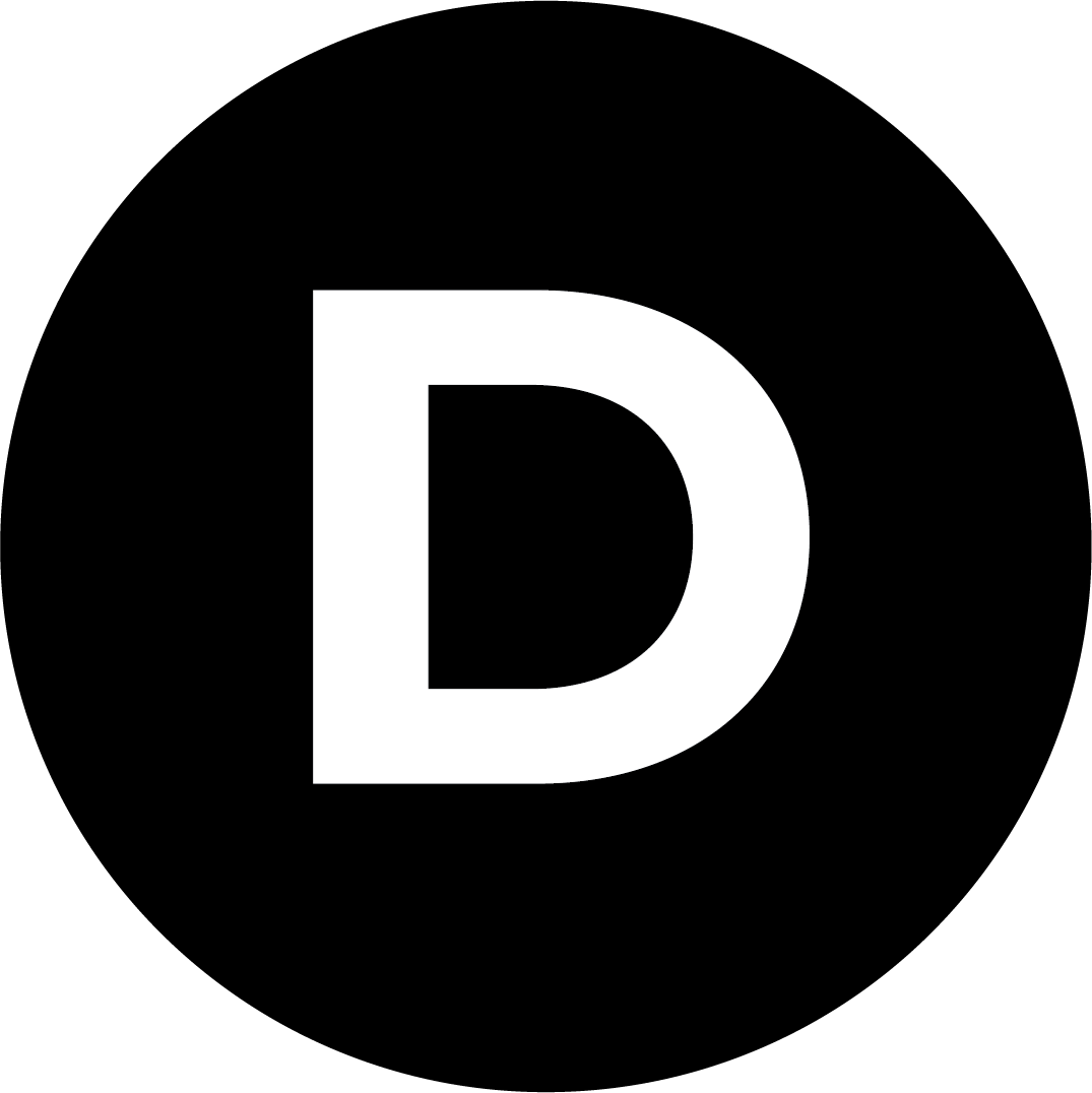 White letter 'D' on a black background.