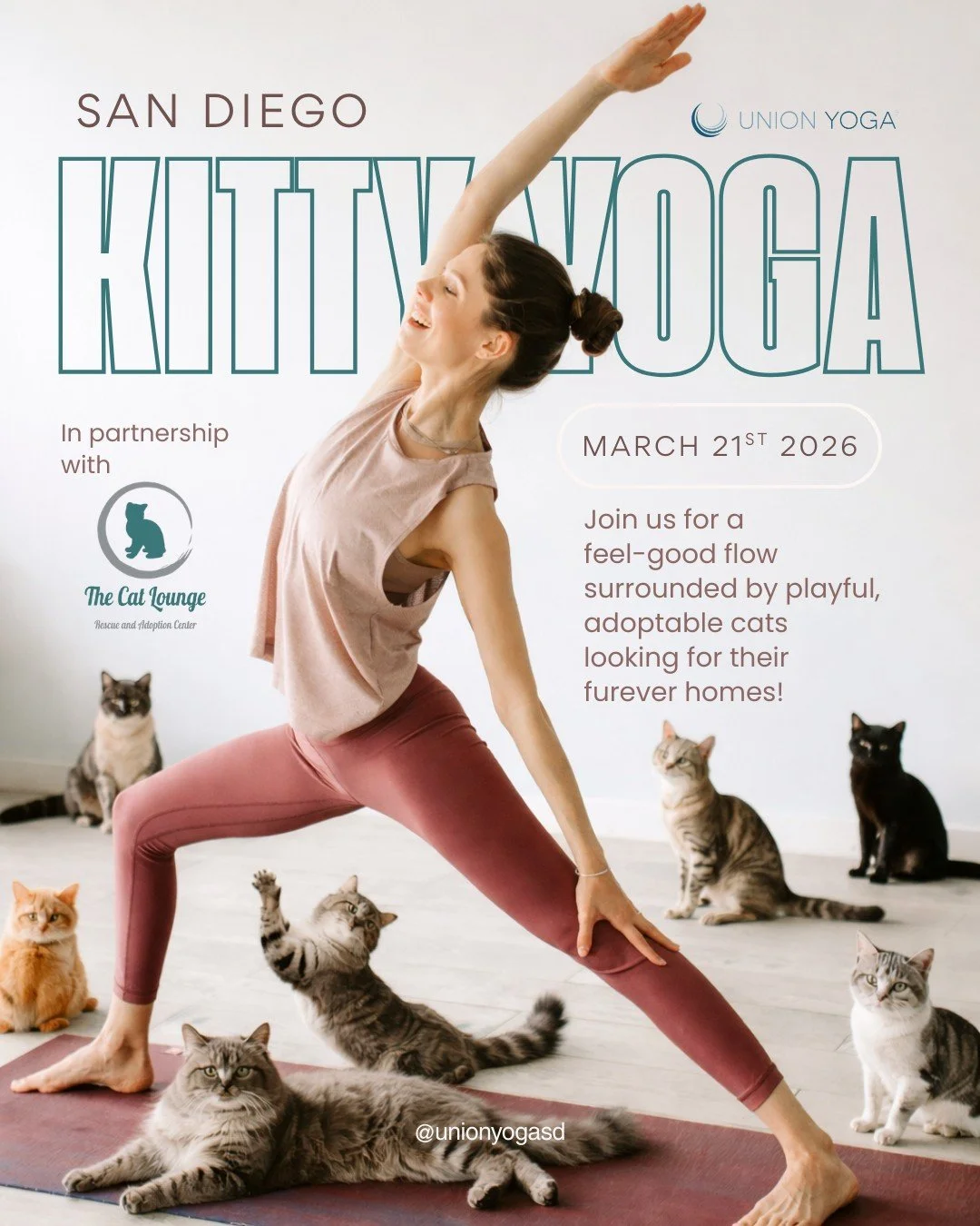 We&rsquo;re so excited to announce Kitty Yoga with the Cat Lounge in La Jolla 🐱 Flow with us on March 21st from 12:30&ndash;1:30 PM and practice surrounded by playful, adoptable cats. And yes, every single one is looking for their furever home! The 