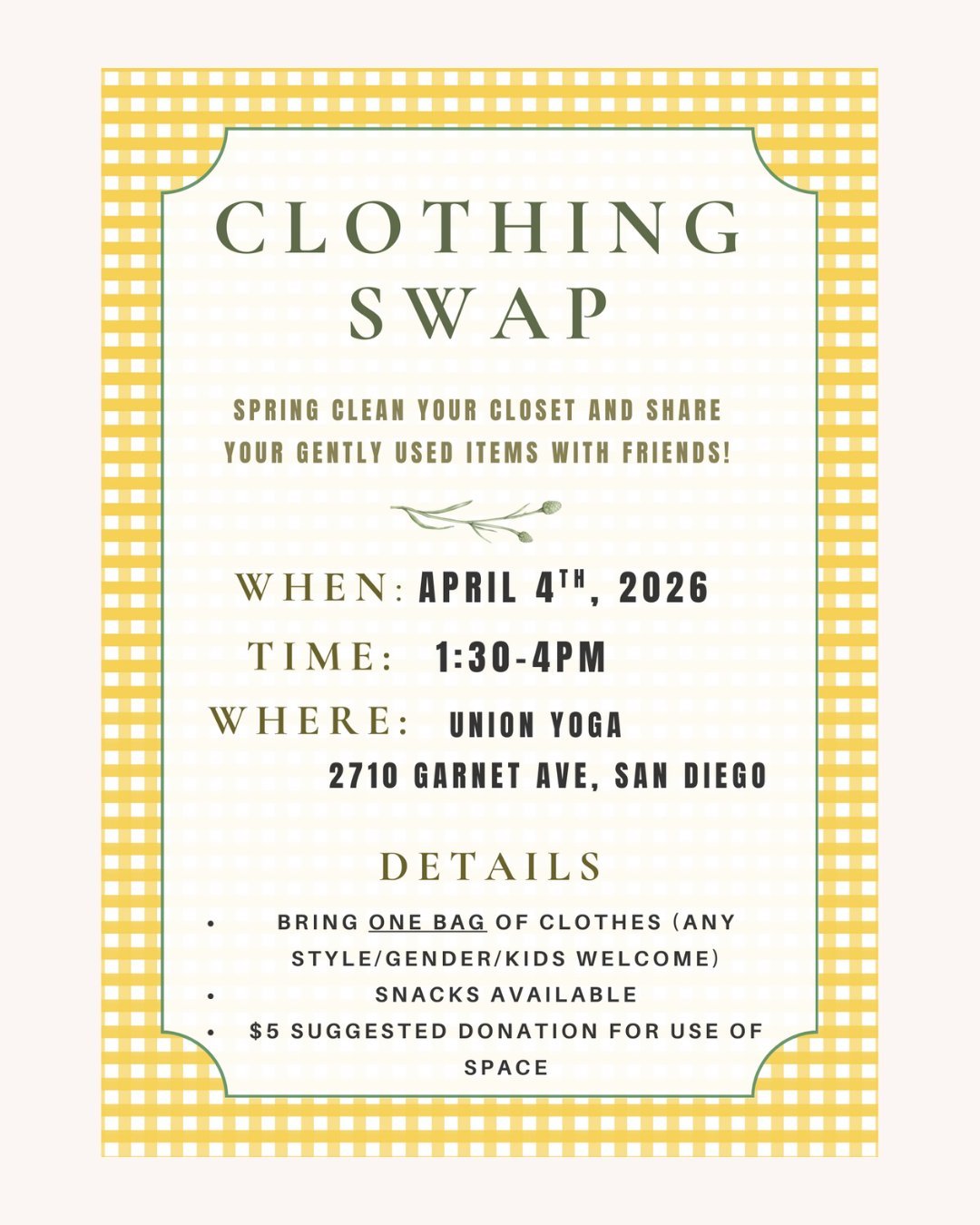 Out with the old, in with the new 🌷

Join us for a community Clothing Swap, a mindful way to refresh your wardrobe, reduce waste, and connect with your favorite humans. Bring what no longer serves you. Take what does! We hope to see you there!
