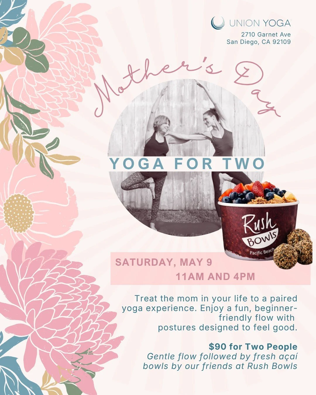 Treat the mom in your life this Mother&rsquo;s Day for a yoga sesh and complimentary a&ccedil;a&iacute; bowls from our friends at @rushbowls! 🔗 Head to the link in bio to get tix!!

💐 Mother&rsquo;s Day Yoga for Two
Saturday, May 9
Sessions: 9AM &a