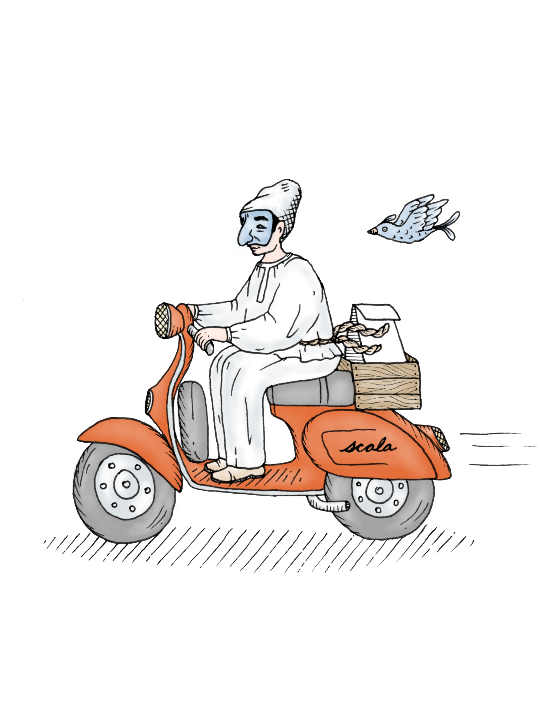 Pulcinella riding his Scala Osteria Vespa