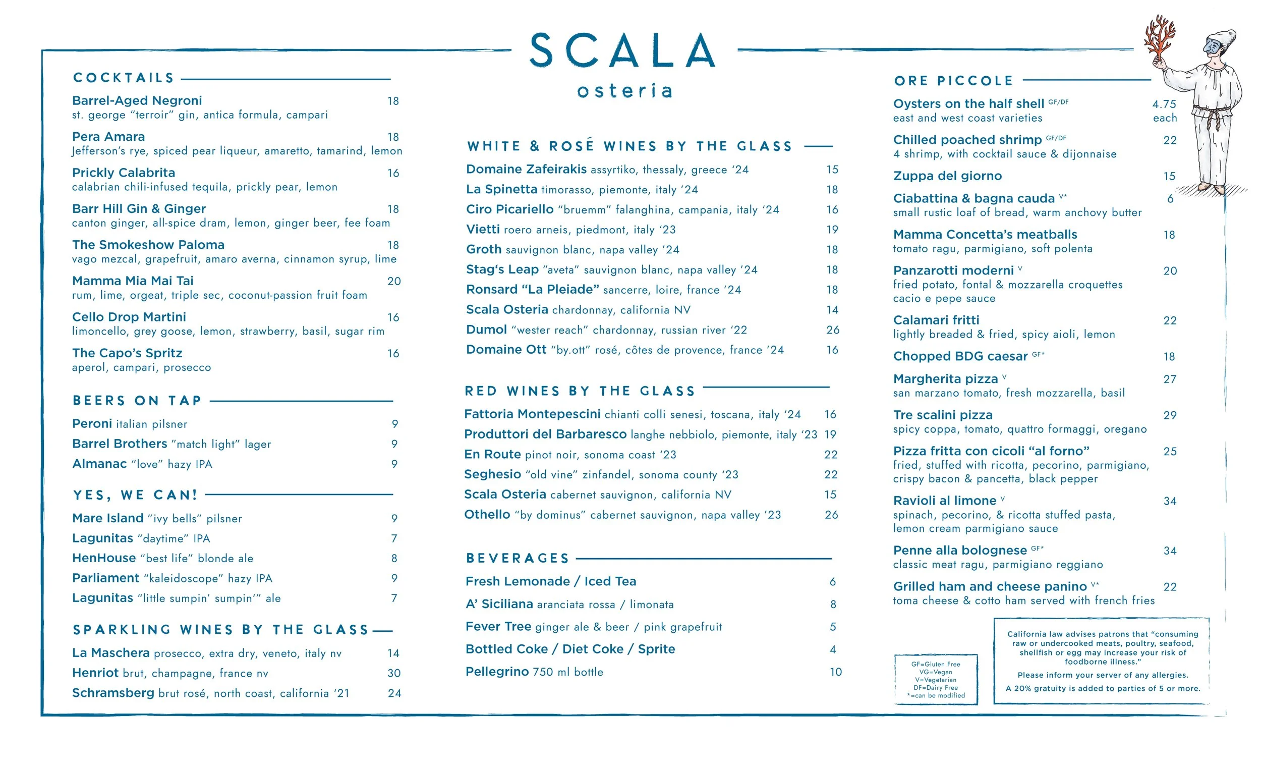 Scala Osteria Napa Valley late-night Italian menu with cocktails, wine by the glass, craft beer, and small plates including oysters, shrimp, meatballs, pizza, ravioli, and calamari, plus aperitivo drinks and non-alcoholic options.