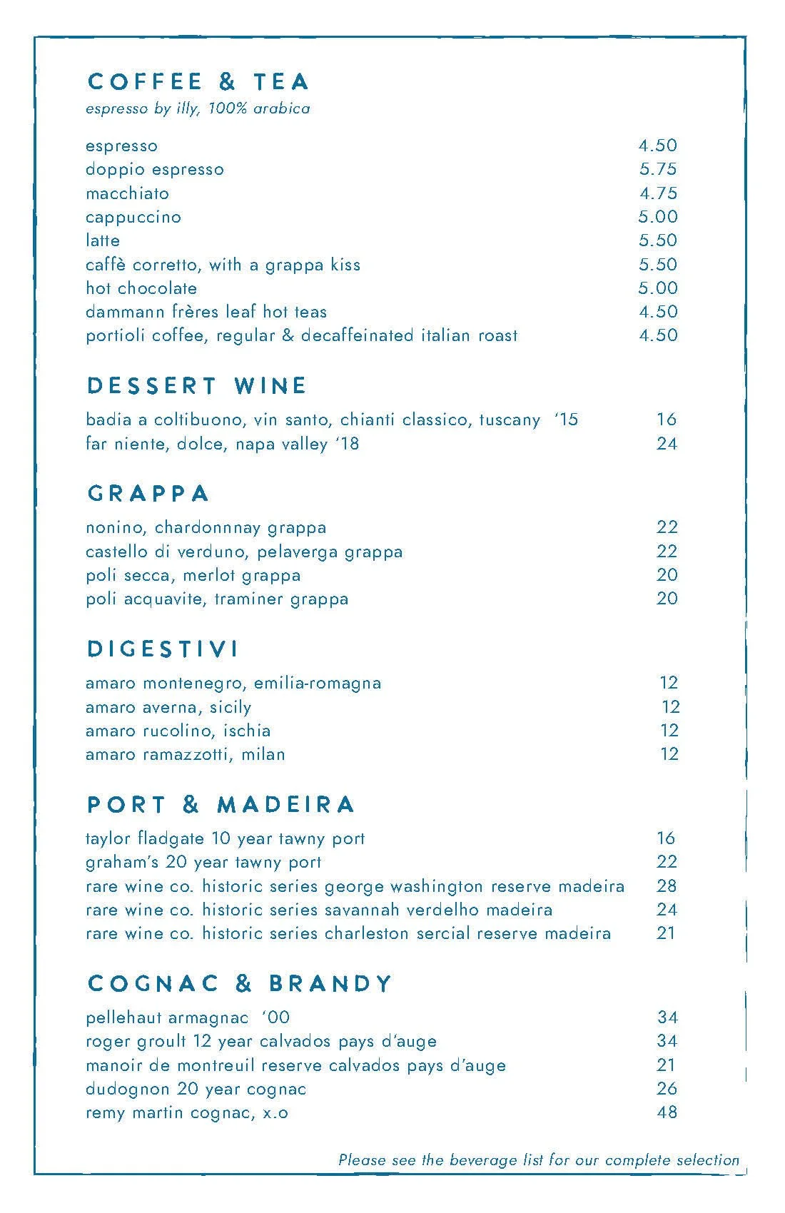 Scala Osteria Napa Valley dessert menu with espresso drinks, coffee, tea, dessert wines, grappa, amaro, port, madeira, cognac, and brandy, featuring Italian after-dinner beverages and spirits.