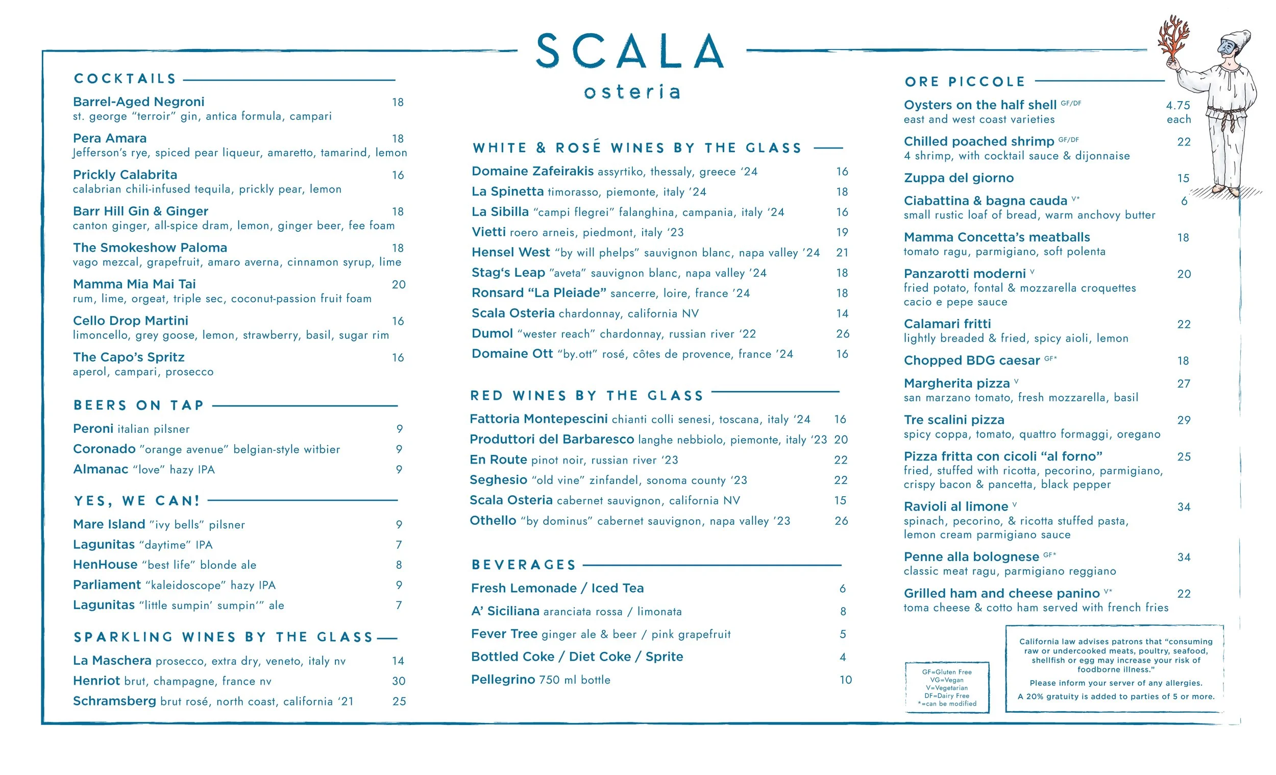 Scala Osteria late-night Italian menu in Napa Valley featuring cocktails, wines by the glass, craft beer, aperitivo and non-alcoholic options, plus small plates including oysters, shrimp, meatballs, pizza, ravioli, and calamari