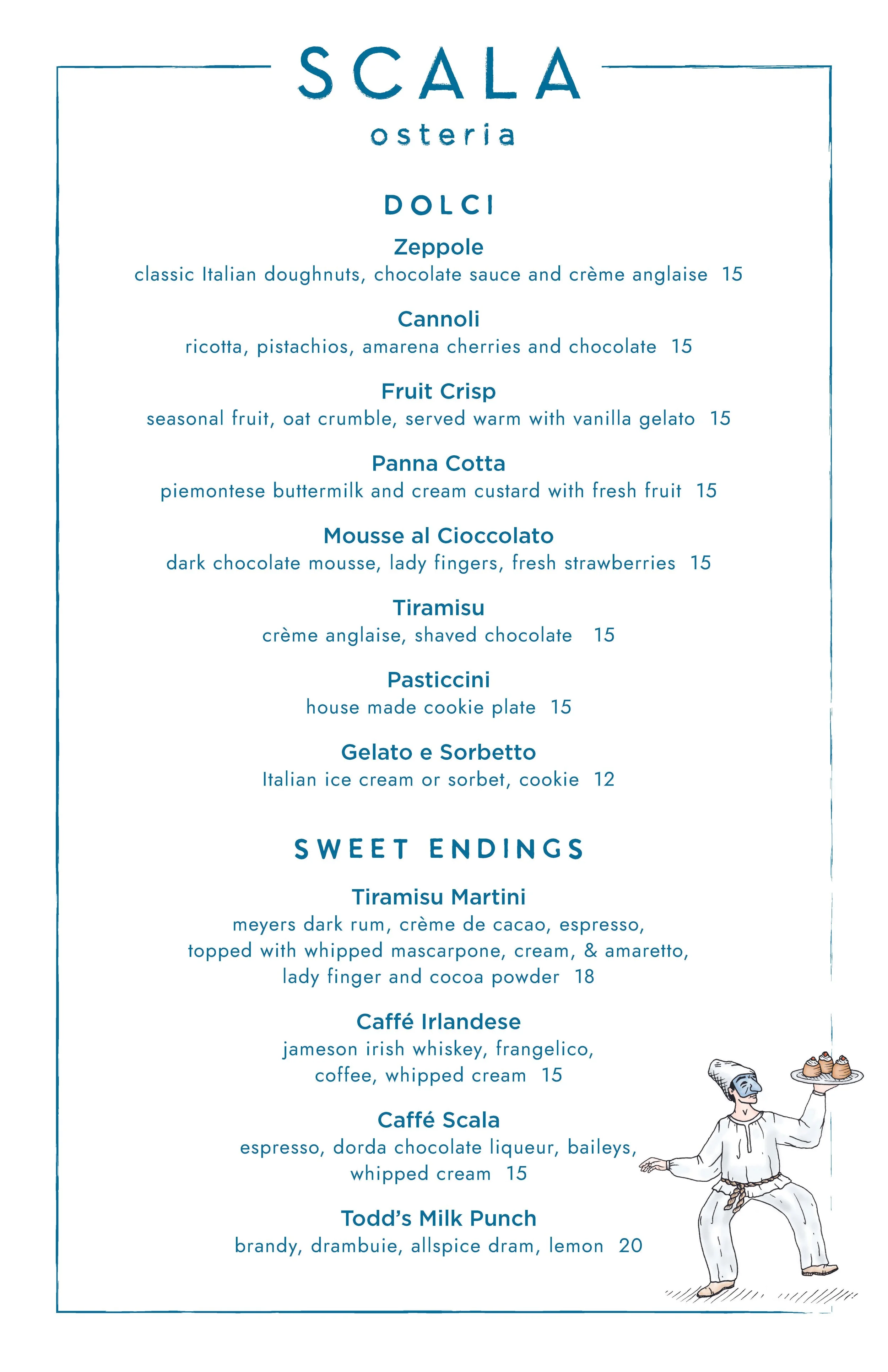 Page 1 of Scala Osteria dessert menu in Napa Valley, featuring Italian desserts including zeppole, cannoli, panna cotta, tiramisu, gelato, and dessert cocktails