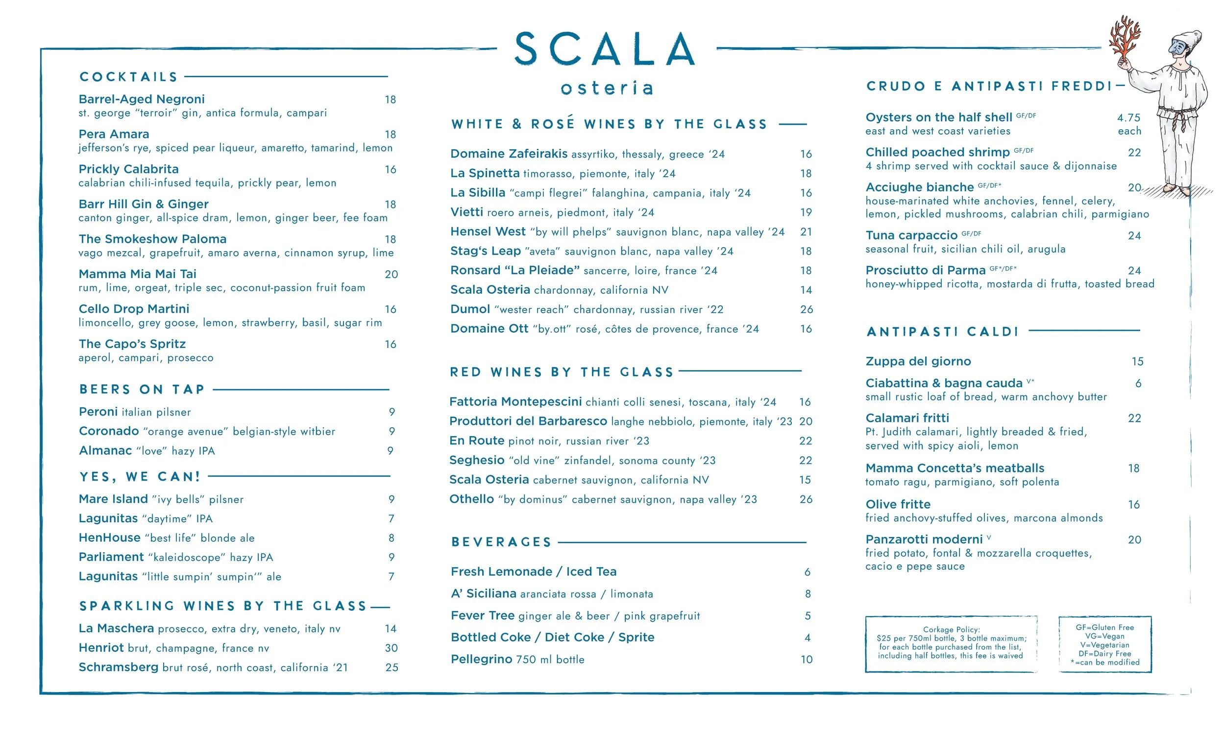 Page 1 of Scala Osteria all-day Italian menu in Napa Valley featuring cocktails, wines by the glass and other beverages, oysters, chilled seafood, antipasti, and small plates