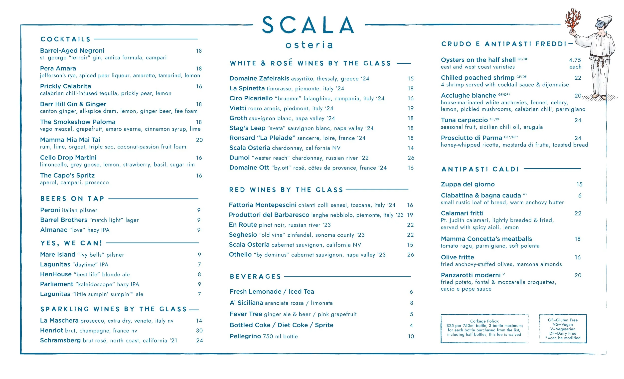 Scala Osteria Napa Valley menu highlighting cocktails, wines by the glass, beers, and Italian antipasti such as oysters, tuna carpaccio, prosciutto di Parma, and calamari fritti, plus non-alcoholic beverages and aperitivo-style drinks.