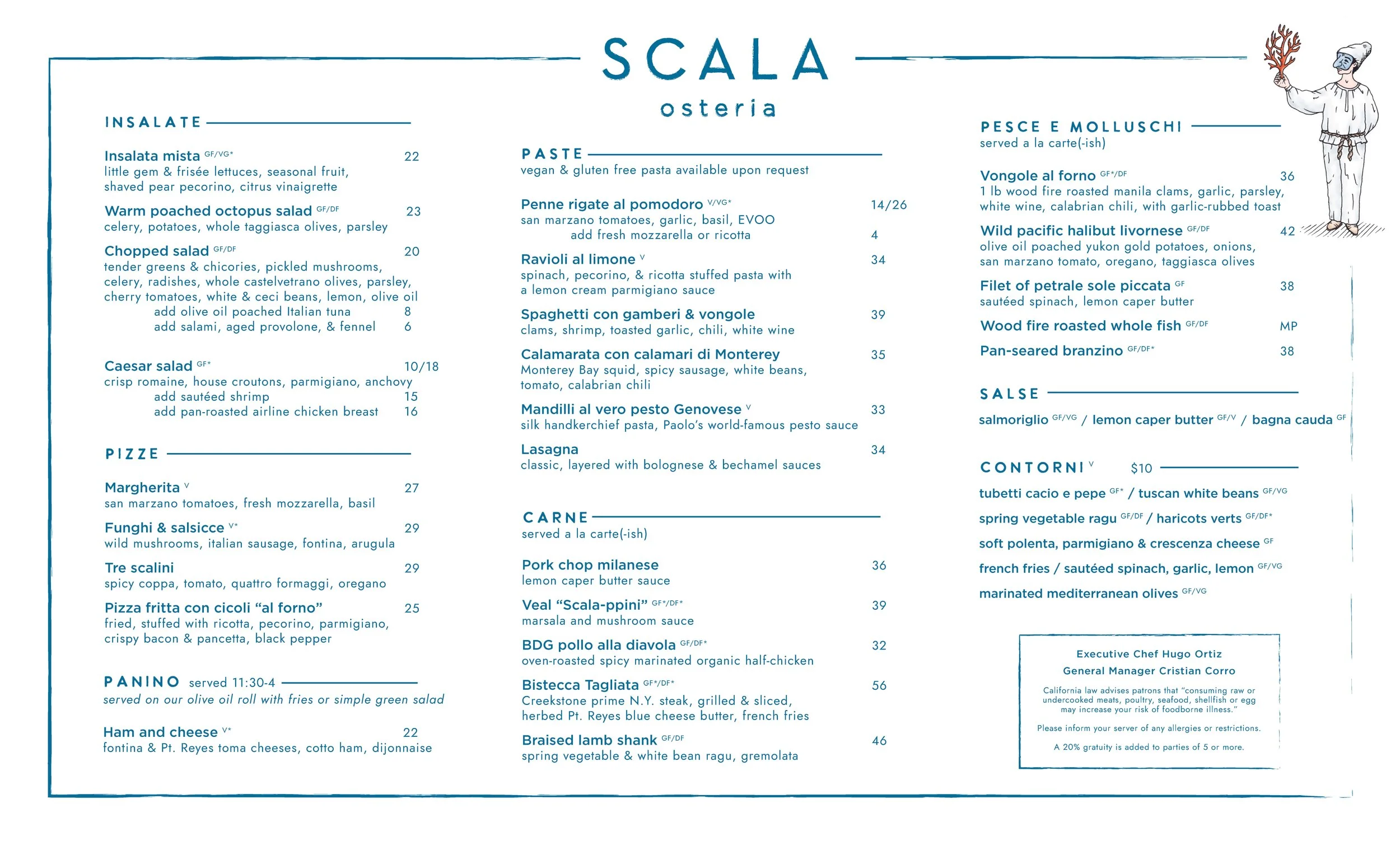 Page 2 of 2 for Scala Osteria all-day Italian menu in Napa Valley featuring salads, pizzas, and house-made pastas like ravioli al limone and spaghetti with clams, plus meat and seafood entrées and gluten-free and vegan options