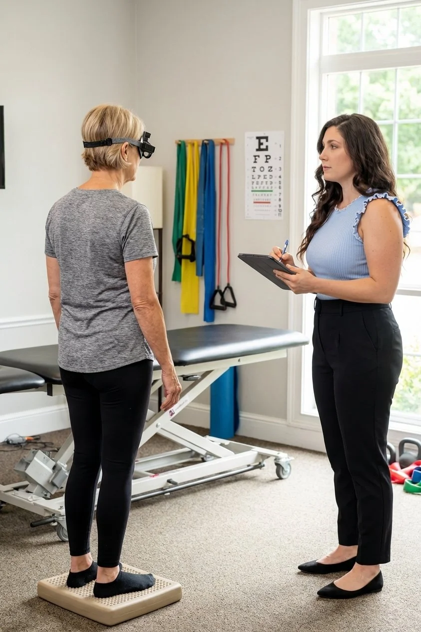 Patient working with a provider at a vestibular physical therapy clinic in Greenville