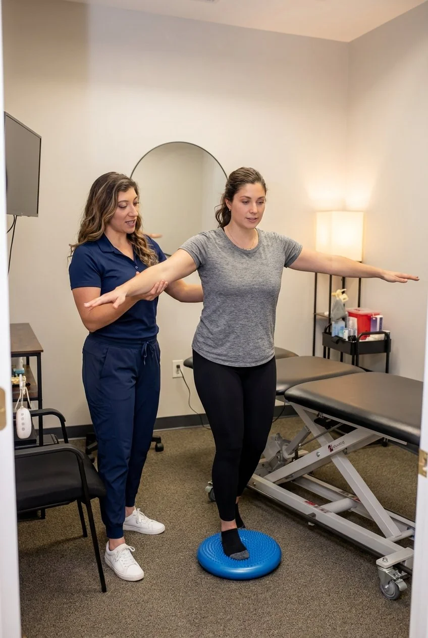 Patient working with a provider at a vestibular physical therapy clinic in Greenville, SC
