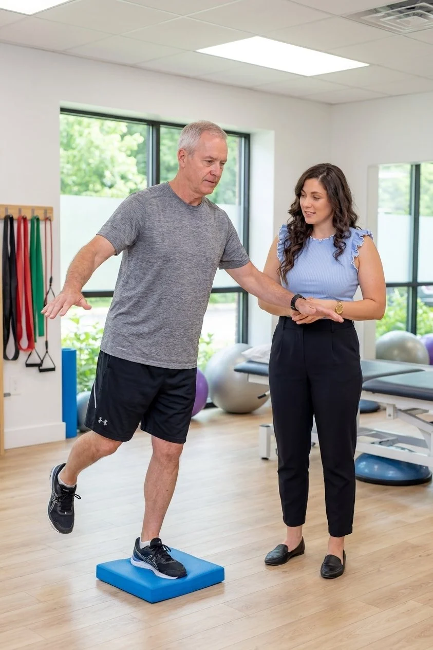 Patient working with a provider at a vestibular physical therapy clinic in Greenville, SC during balance training