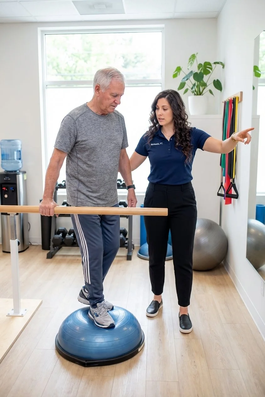 Patient performing balance training exercises at a vestibular therapy clinic in Greenville