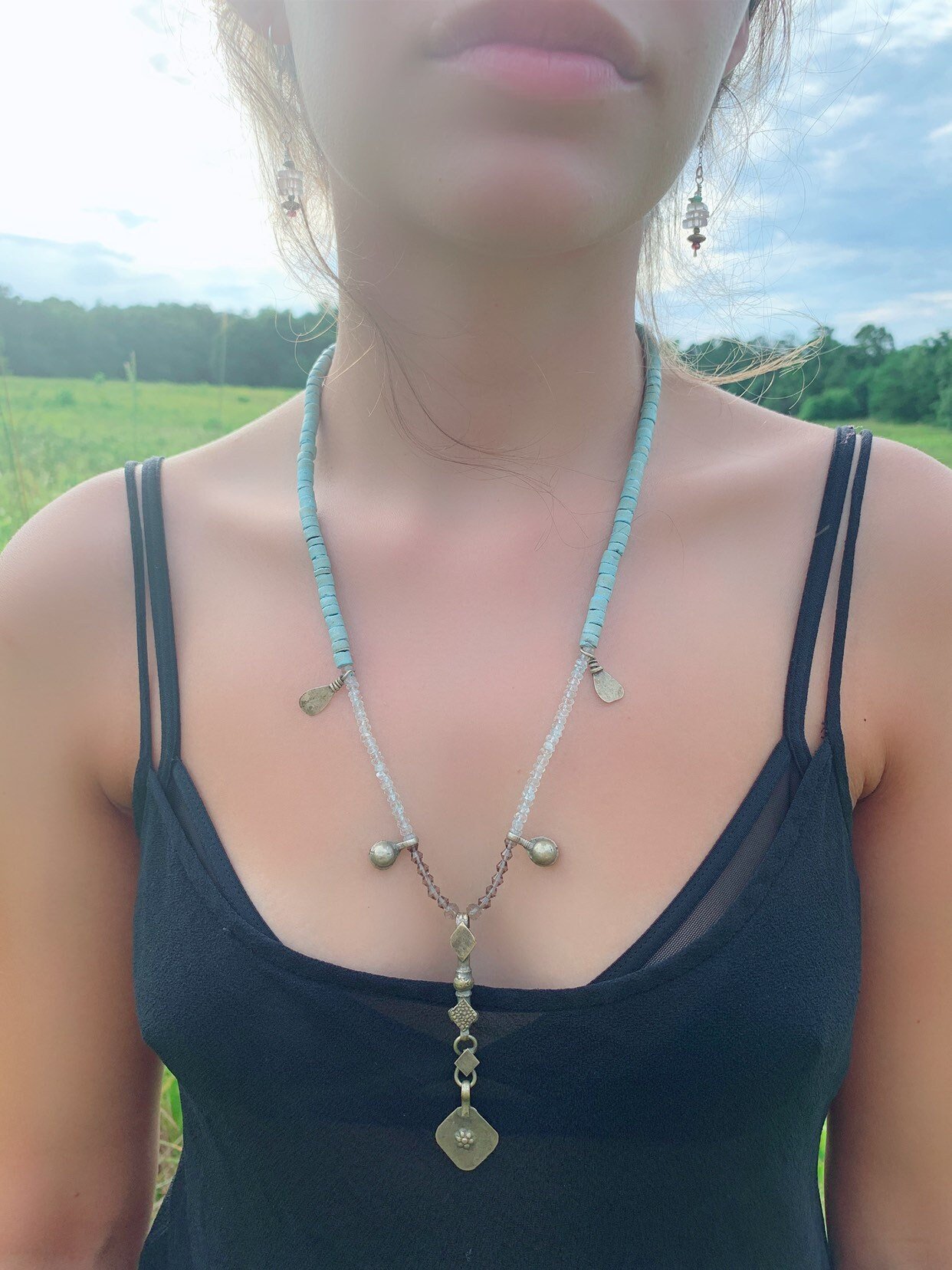 ROSALEN Necklace Up Close View Of Model Wearing