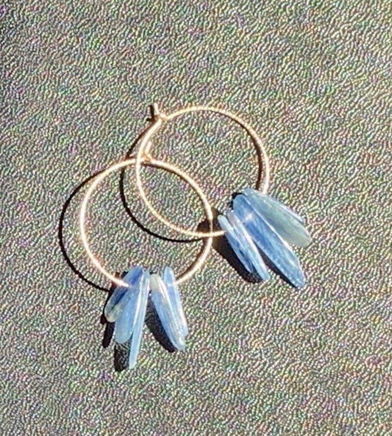INDIGO Blue Kyanite Crystal Charm Hoops Top View Dark Background