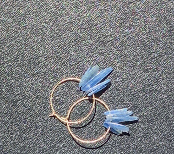 INDIGO Blue Kyanite Crystal Charm Hoops Top View Dark Background